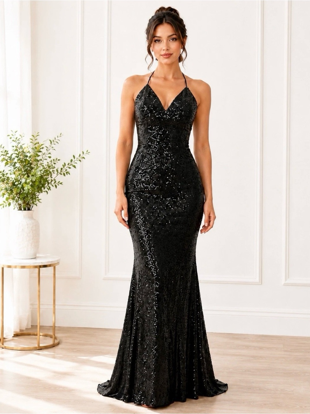 B. Darlin Black Sequin Halter Evening Gown size 15/16